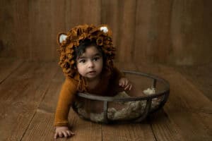 A baby wearing a lion costume in a basket.