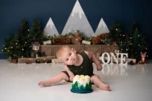 A baby sitting in front of a cake in front of a tree.