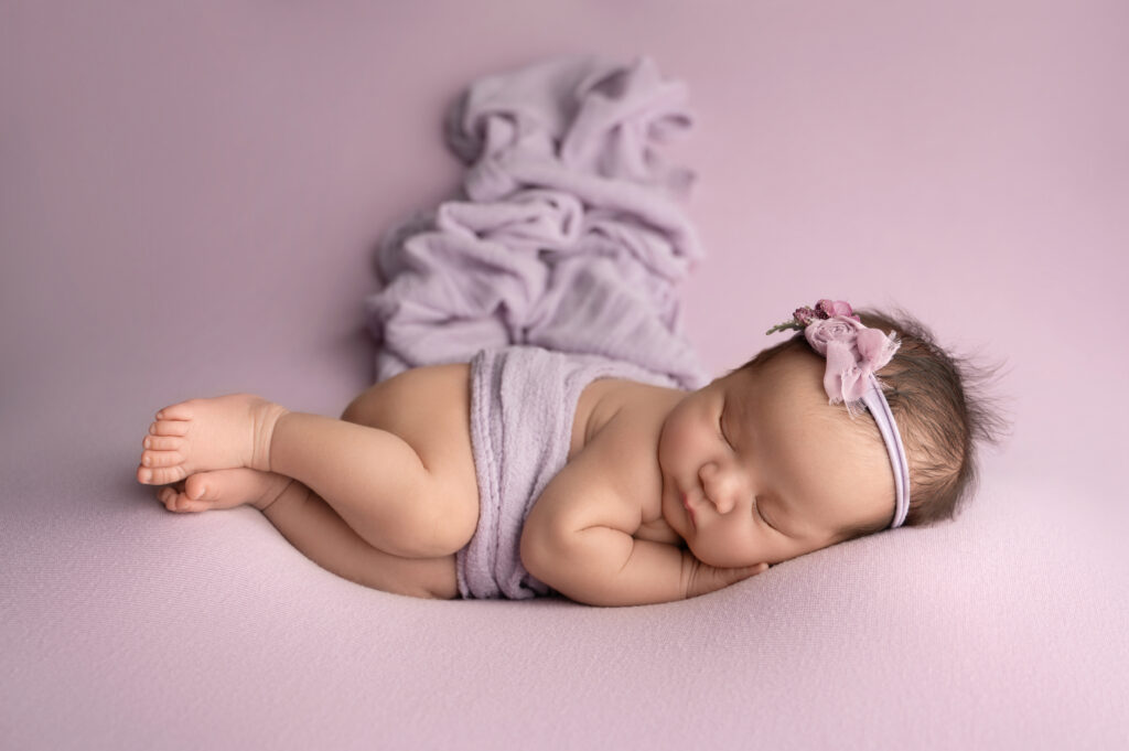 a sleeping baby lies on a soft purple blanket, wrapped in matching hues, with a floral headband. the peaceful setting conveys a serene and tender atmosphere, much like following an investment guide that promises secure futures and tranquility.