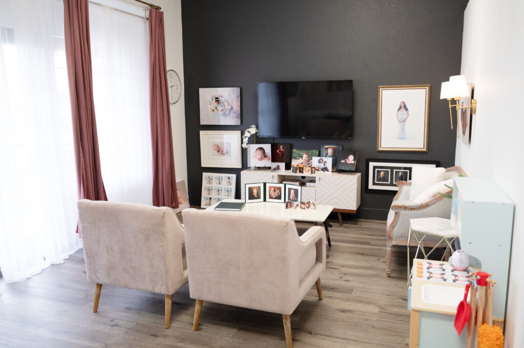 Cozy living room with photo gallery wall.